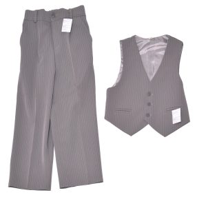   Szürke, csíkos öltöny anyagból készült mellény és nadrág szett (128) - ÚJ