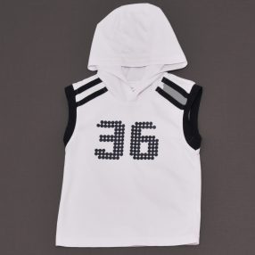 Fehér, kék kapucnis, ujjatlan sportfelső (116-122*)