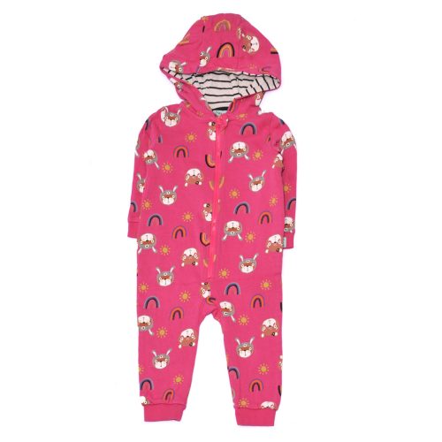 Rózsaszín, nyuszis, macis kapucnis jumpsuit (74-80)