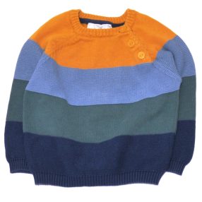 Kék, okker csíkos kötött pulóver (74)