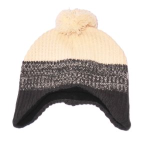 Szürke, krém csíkos téli sapka (128-140)