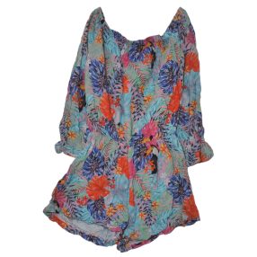  színes, levélmintás  rövidszárú overál (140-152*)