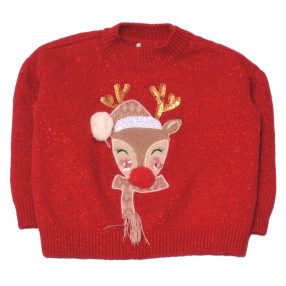 Piros, rénszarvasos pulóver (104-110)
