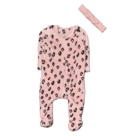   Rózsaszín, leopármintás szőrmés rugdalózó fejpánttal (62-68)