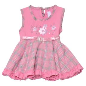 Rózsaszín kockás, virágmintás  fodros ruha (98)