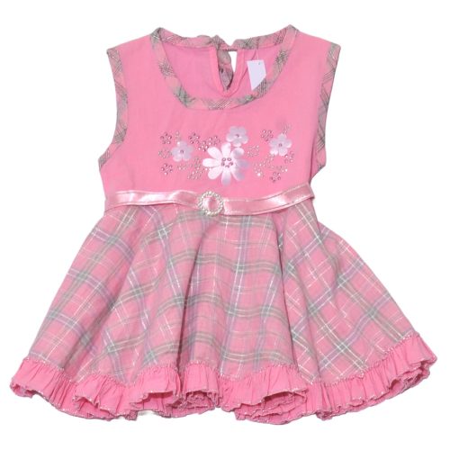 Rózsaszín kockás, virágmintás  fodros ruha (98)