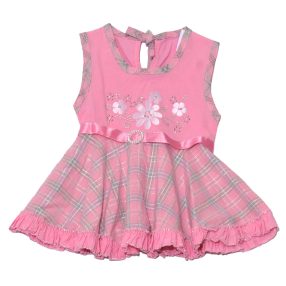 Rózsaszín kockás, virágmintás  fodros ruha (98)