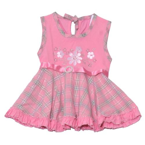 Rózsaszín kockás, virágmintás  fodros ruha (98)