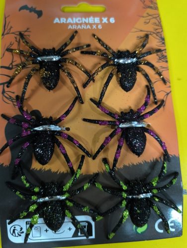 6 db színesen csillogó műanyag pók, dekoráció, partikellék - Halloween - ÚJ