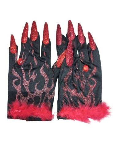 Fekete-piros strasszköves kesztyű hosszú körmökkel, ördög, halloween - ÚJ