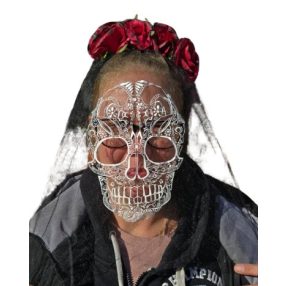   Fekete csontváz mintájú, pink virágos tüllös fejdísz, fátyol hajráfon - Halloween - ÚJ