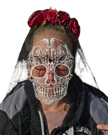 Fekete csontváz mintájú, pink virágos tüllös fejdísz, fátyol hajráfon - Halloween - ÚJ