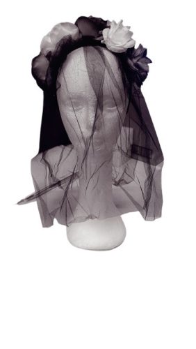 Fehér virágos fekete tüllös fejdísz, fátyol hajráfon - Halloween - ÚJ