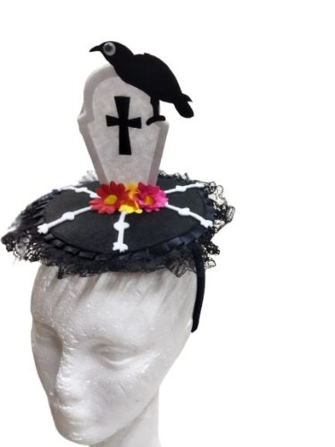 Koponyás sírköves fejdísz, kalap hajráfon, fekete-fehér - Halloween - ÚJ