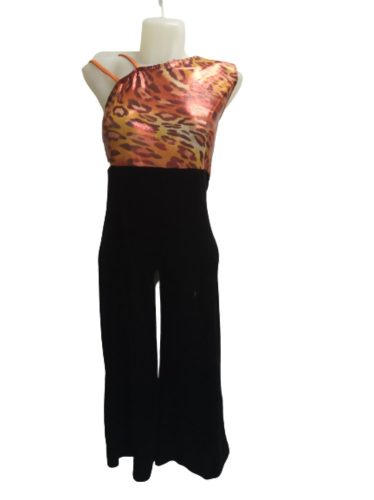 Női arany párducmintás-fekete jelmezoverall, táncruha