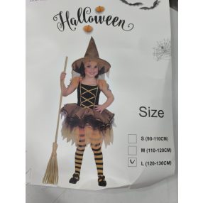   7-8 évesre narancssárga-fekete boszorkányruha kalappal, harisnyával - Halloween - ÚJ