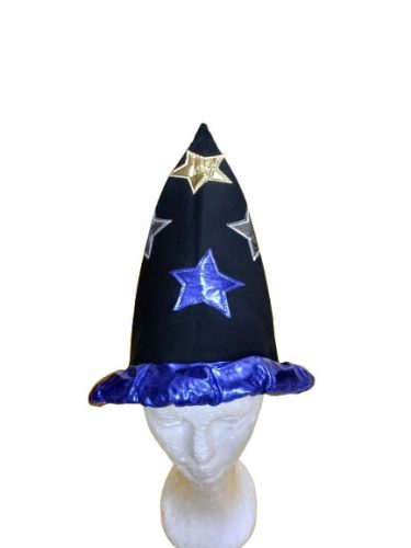 Nagyobb gyerekre fekete-kék csillagos varázslósapka, mágus sapka - ÚJ