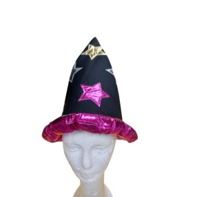  Nagyobb gyerekre fekete-pink csillagos varázslósapka, mágus sapka - ÚJ