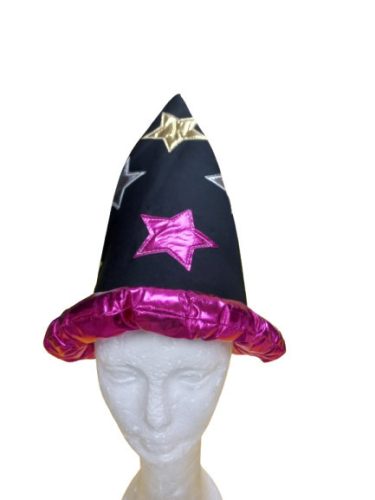 Nagyobb gyerekre fekete-pink csillagos varázslósapka, mágus sapka - ÚJ