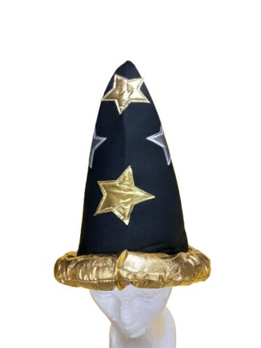 Nagyobb gyerekre fekete-arany csillagos varázslósapka, mágus sapka - ÚJ