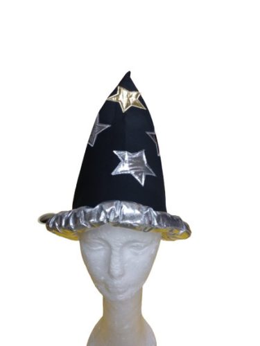 Nagyobb gyerekre fekete-ezüst csillagos varázslósapka, mágus sapka - ÚJ