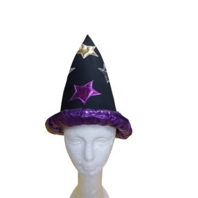   Nagyobb gyerekre fekete-lila csillagos varázslósapka, mágus sapka - ÚJ