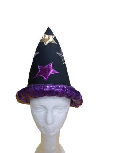 Nagyobb gyerekre fekete-lila csillagos varázslósapka, mágus sapka - ÚJ