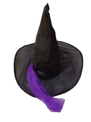 54 cm-es fejre fekete, lila tüllszalagos boszorkánykalap - Halloween - ÚJ