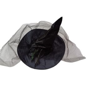   56 cm-es fejre fekete tüllös, virágdíszes, tollas boszorkánykalap - Halloween - ÚJ