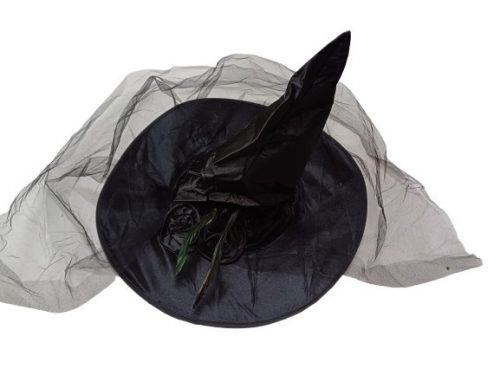 56 cm-es fejre fekete tüllös, virágdíszes, tollas boszorkánykalap - Halloween - ÚJ