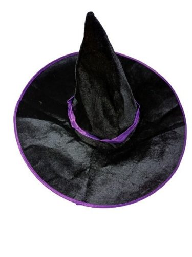 54 cm-es fejre fekete-lila bársony boszorkánykalap - Halloween - ÚJ (kicsit töredezett a kalap karimája a tárolásban)