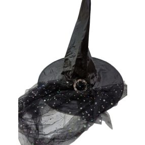  54 cm-es fejre fekete tüllös-csatos boszorkánykalap - Halloween - ÚJ 