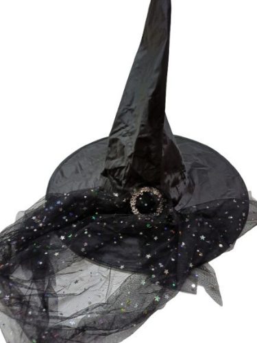 54 cm-es fejre fekete tüllös-csatos boszorkánykalap - Halloween - ÚJ 