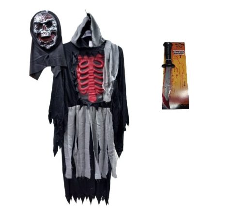 Felnőtt méretű csontvázas jelmezszett - jelmezruha, véres kés, maszk (álarc) - Halloween - ÚJ