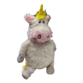   Szőrmés fehér unikornis, hátába eldugható párna-várral