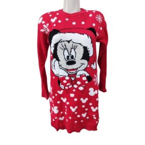   Női M-XL-es piros karácsonyi kötött hosszított pulóver - Minnie Egér - ÚJ (hibás)