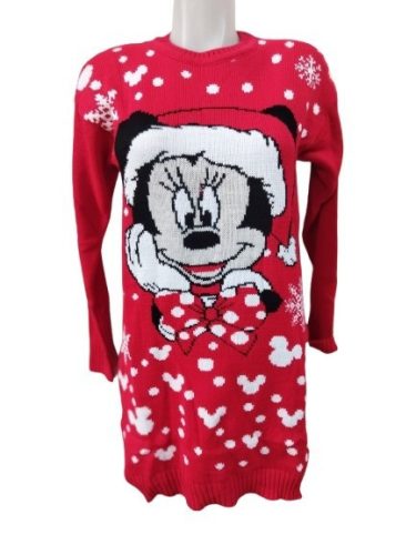 Női M-XL-es piros karácsonyi kötött hosszított pulóver - Minnie Egér - ÚJ (hibás)